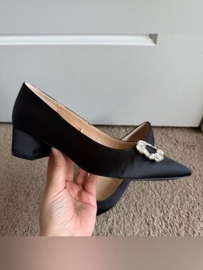 Adrienne Vittadini Gussie Black Satin Pointed Block Heel Pumps w/ Crystal Buckle